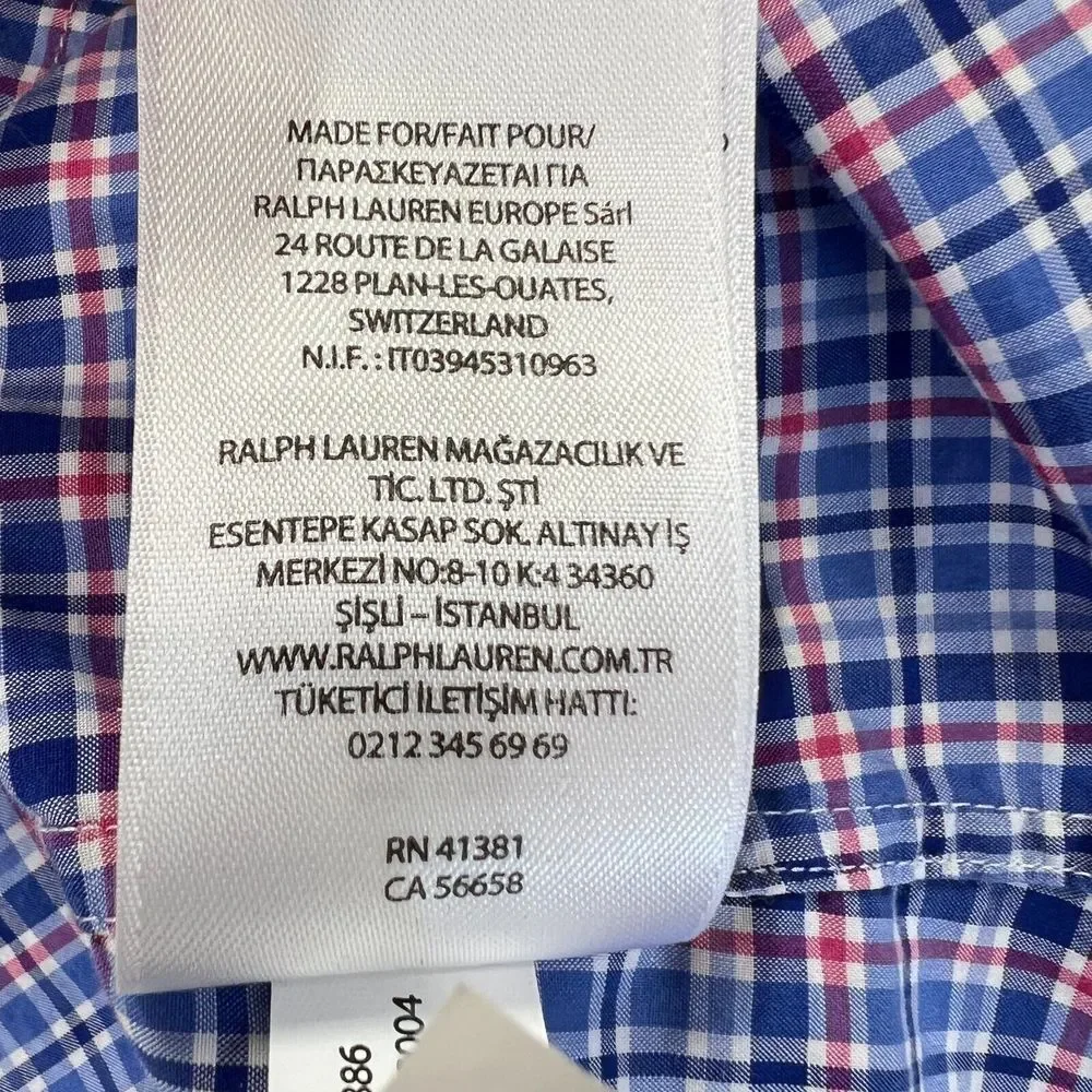 Ralph Lauren Slim Fit Shirt Mens XL Cotton Stretch Blue Red Check Plaid ‎ Pony